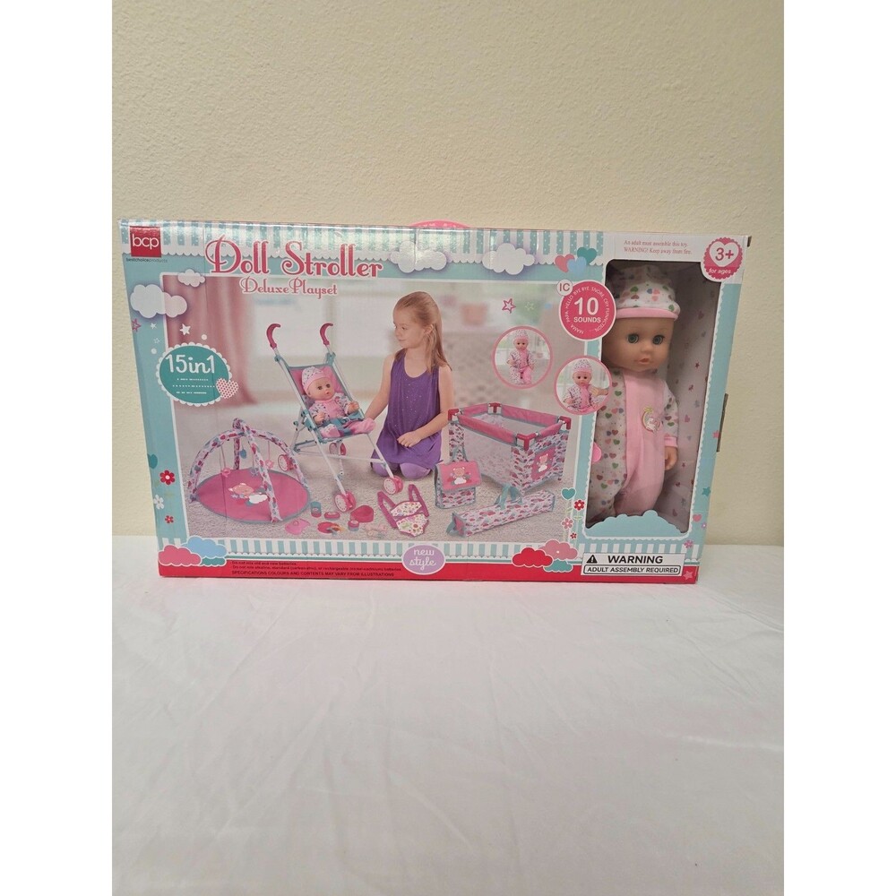 15-Piece Baby Doll Stroller Deluxe Playset Interactive Sound Poseable Girl Toy